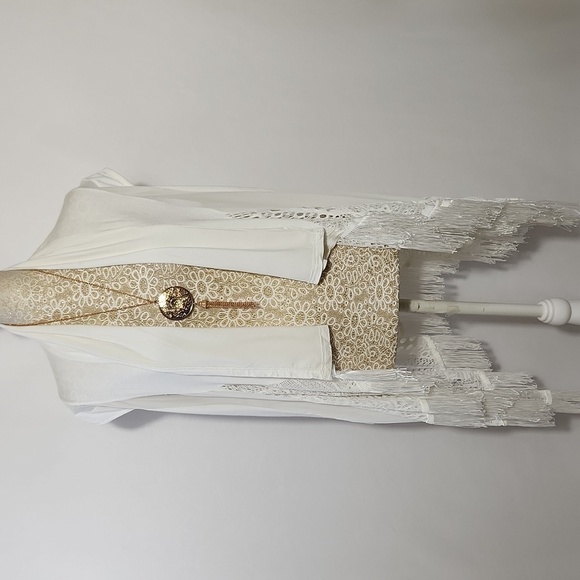 MARIA GABRIELLE BOHO IVORY LACE OPEN DRAPE FRONT CARDIGAN SWEATER VEST TOP PM - Picture 1 of 16